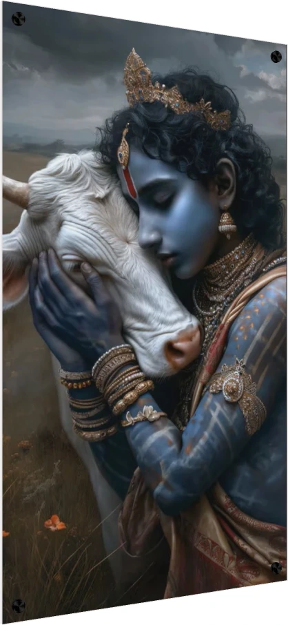 Divine Krishna Embracing Sacred Cow Print wall art print — acrylic preview | PrintPosters.in